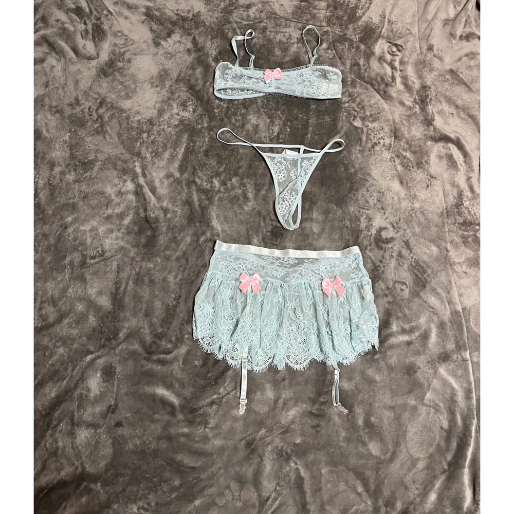 Light Blue Lace Lingerie Set 3pc Bralette Thong Garter Skirt Pink Bows Size L